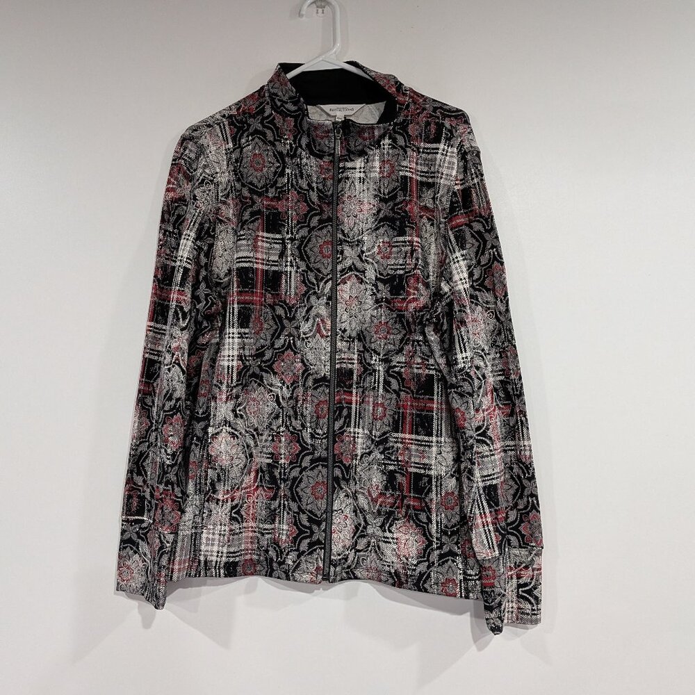 Northern Reflections Plaid Paisley Zip Up Sweater Red White Black Size XXL